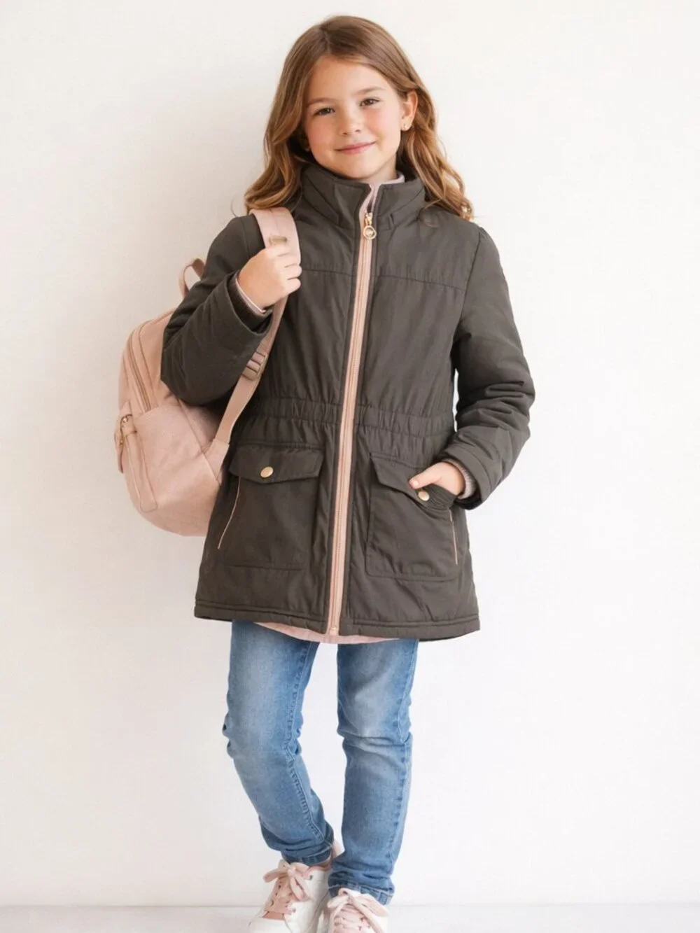 MICHAEL Kors Parka Girls Size 10-12 Olive Green with Pink accents